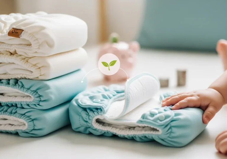 Stos pieluch wielorazowych w kolorach białym i błękitnym z ikoną liścia, symbolizującą ekologiczne oszczędności.
