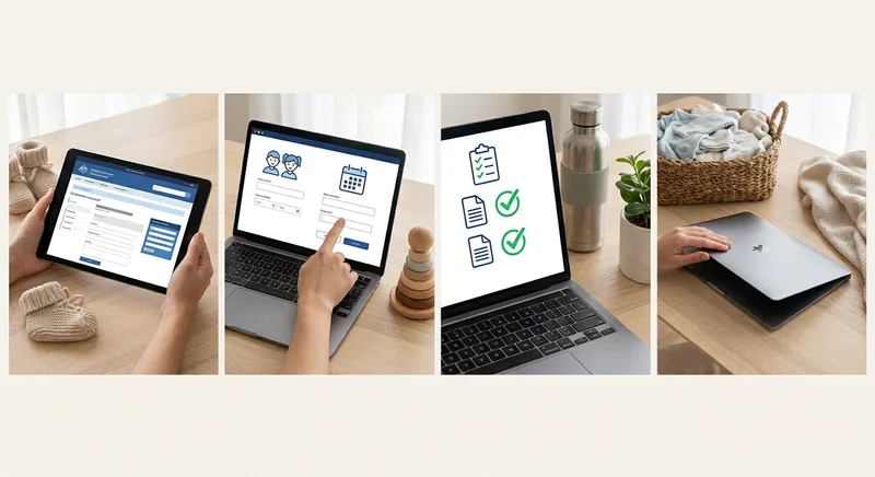 Cztery kadry pokazujące proces od rozliczania e-PIT na tablecie i laptopie, przez zatwierdzenie, po zamknięcie komputera.