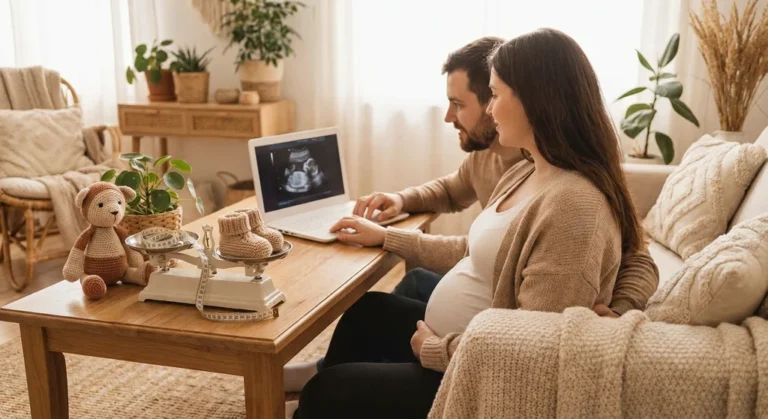 Kobieta w ciąży i partner patrzą na USG na laptopie; na pierwszym planie waga dziecięca z bucikami i miarka.