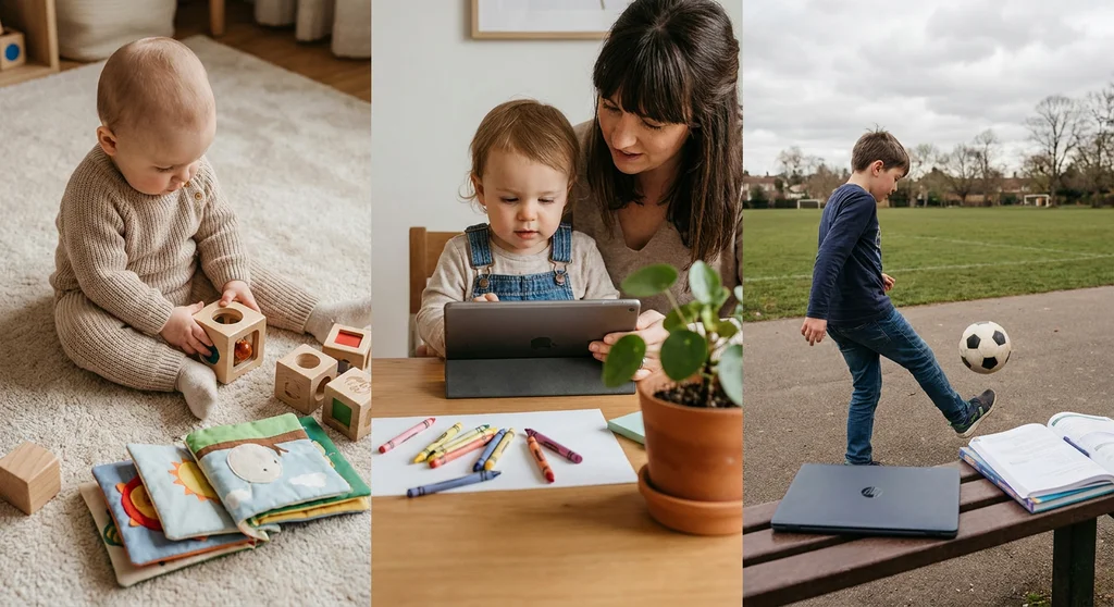 Trzy panele: niemowlę bawiące się klockami, maluch z mamą patrzący na tablet i starszy chłopiec grający w piłkę obok laptopa.