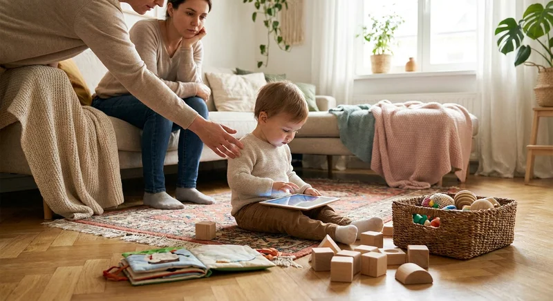 Małe dziecko siedzi na dywanie i patrzy w ekran tabletu, podczas gdy dwie dorosłe kobiety obserwują je z kanapy.
