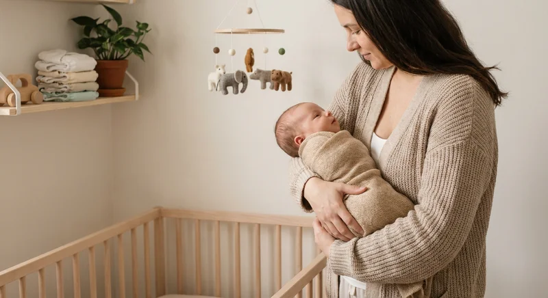 Kobieta trzyma na rękach owinięte w kocyk, śpiące niemowlę, stojąc obok drewnianego łóżeczka dziecięcego.