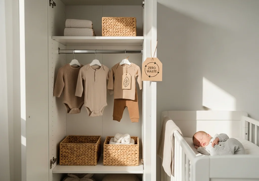 Minimalistyczna szafa dziecięca z ubrankami w neutralnych kolorach, przywieszką „zero waste” i śpiący niemowlak w łóżeczku.