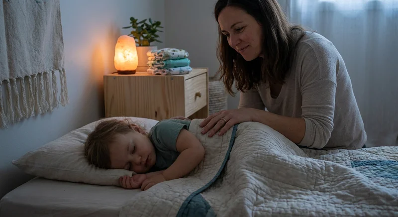 Śpiący maluch w łóżku pod opieką mamy. W tle, na nocnej szafce obok ciepłego światła lampki, leży stos pieluch wielorazowych.