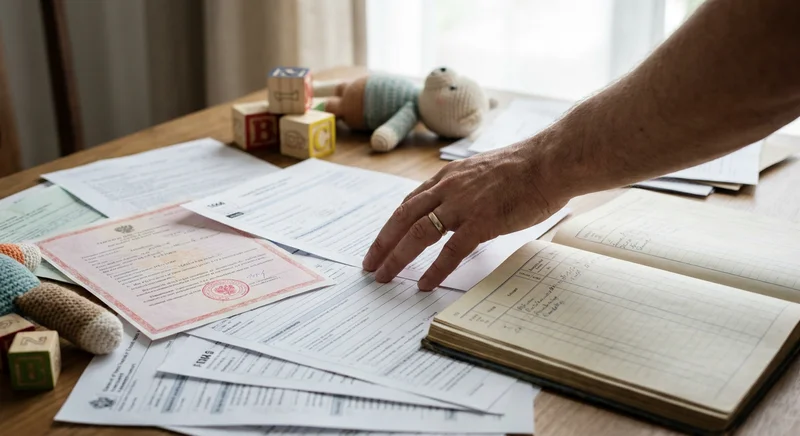Męska dłoń nad stosem dokumentów urzędowych, otwartym notesem i zabawkami dziecięcymi na drewnianym stole.