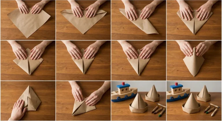 Kolaż zdjęć instruktażowych krok po kroku, pokazujących proces składania papierowego kapelusza origami z brązowego arkusza.