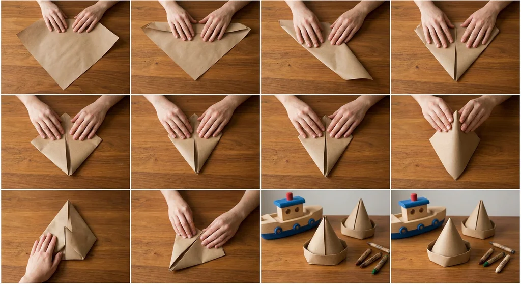 Kolaż zdjęć instruktażowych krok po kroku, pokazujących proces składania papierowego kapelusza origami z brązowego arkusza.