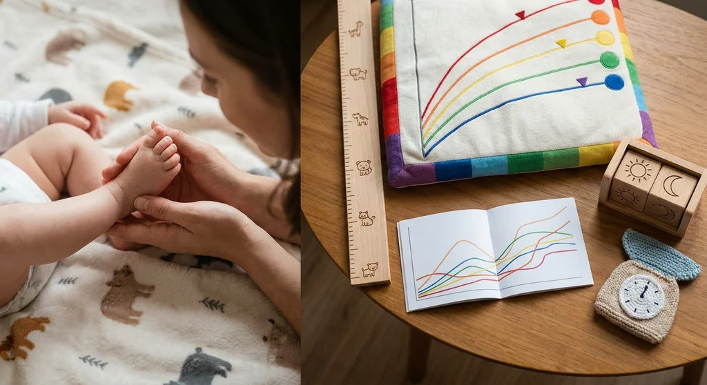 Kolaż: mama trzymająca stópki niemowlęcia oraz akcesoria pomiarowe i wykresy siatek centylowych.