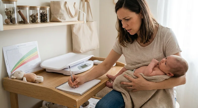 Zaniepokojona mama trzyma niemowlę, robiąc notatki przy wadze dziecięcej i siatce centylowej.