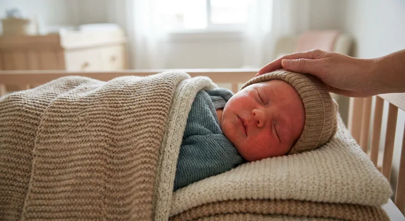 Ciepło ubrany noworodek o zaczerwienionej twarzy, owinięty grubymi kocami i w wełnianej czapce.