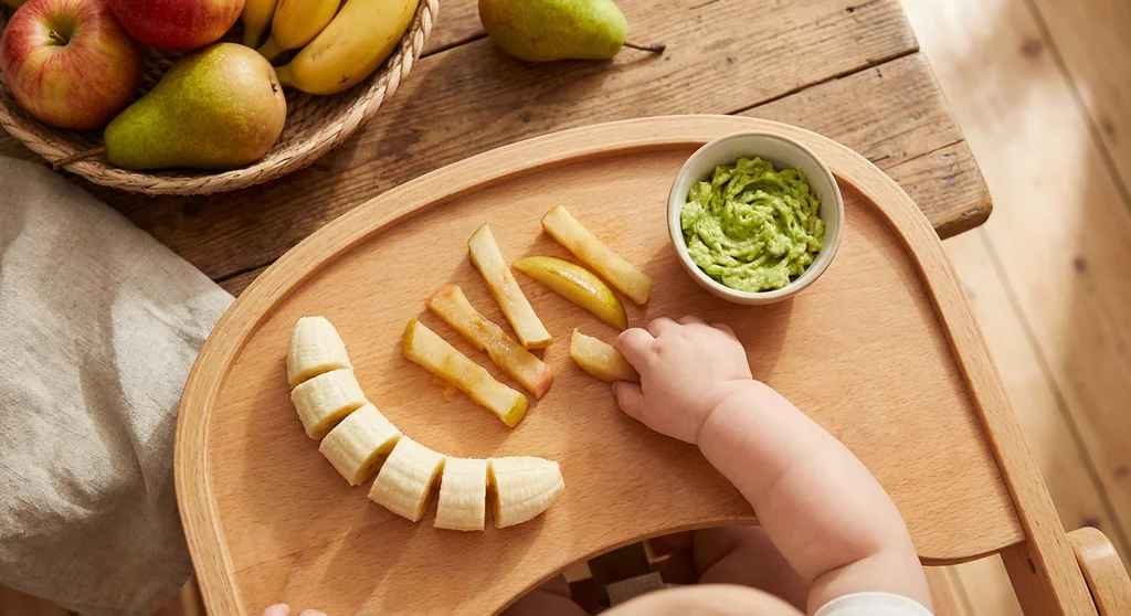 Rączka niemowlęcia sięgająca po owoce pokrojone w słupki, cząstki banana i purée na tacce.