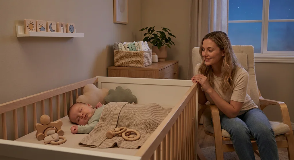 Uśmiechnięta mama patrzy na niemowlę śpiące spokojnie w łóżeczku w przytulnym pokoju dziecięcym.