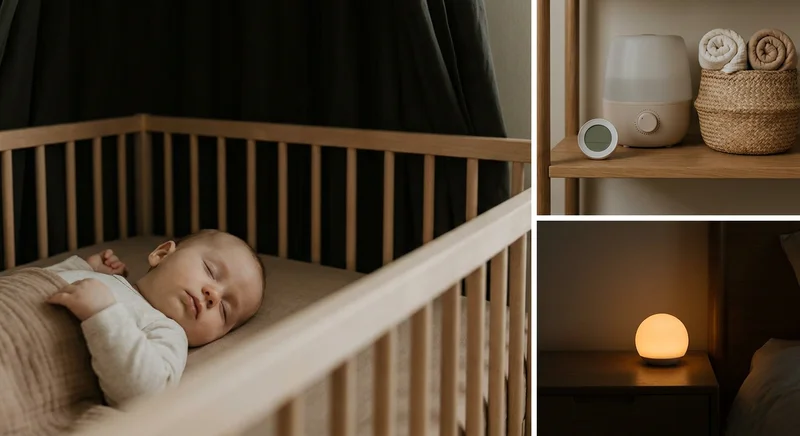 Śpiące w łóżeczku niemowlę, nawilżacz powietrza z higrometrem na półce oraz lampka nocna świecąca ciepłym światłem.