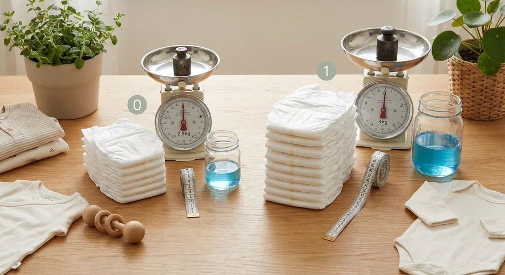 Porównanie pieluszek rozmiar 0 i 1: różnice w wielkości, chłonności (ilość płynu) oraz wadze (odważniki 2,5 kg i 4 kg).