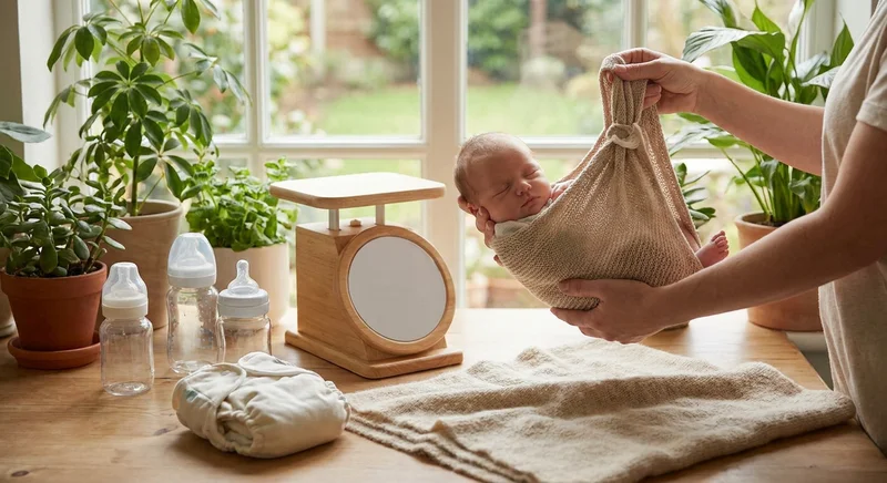 Niemowlę w materiałowej chuście obok drewnianej wagi i butelek na jasnym stole.