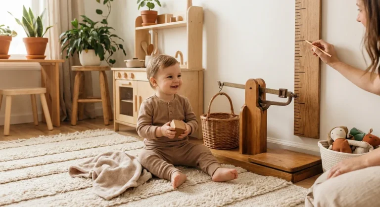 Roczne dziecko obok drewnianej wagi niemowlęcej i miarki wzrostu, na której mama zaznacza jego wzrost.