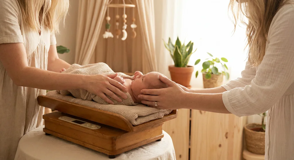 Noworodek leżący na drewnianej wadze niemowlęcej, delikatnie podtrzymywany dłońmi dwóch kobiet.