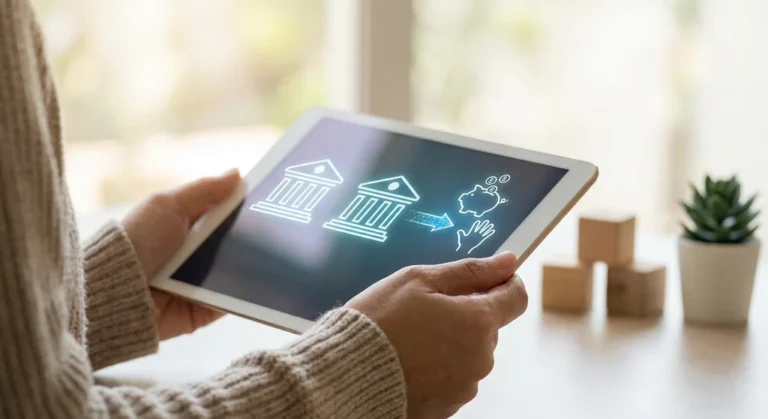 Osoba trzymająca tablet z grafiką przedstawiającą transfer środków z instytucji do skarbonki.
