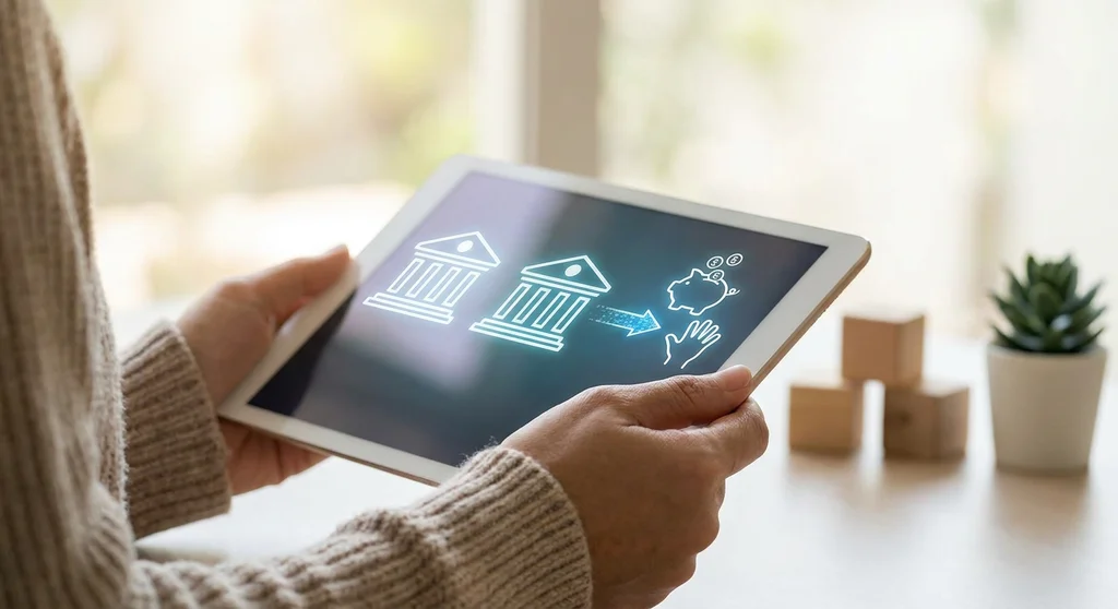 Osoba trzymająca tablet z grafiką przedstawiającą transfer środków z instytucji do skarbonki.