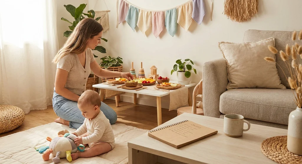 Mama przygotowuje przekąski na niskim stoliku obok bawiącego się niemowlęcia. Na stole z przodu leży planer.