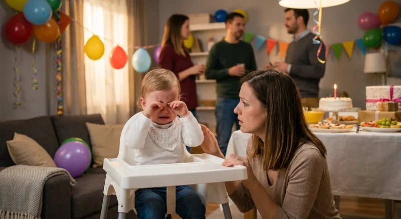 Płaczące, pocierające oczy dziecko w krzesełku do karmienia i zmartwiona mama podczas przyjęcia urodzinowego.