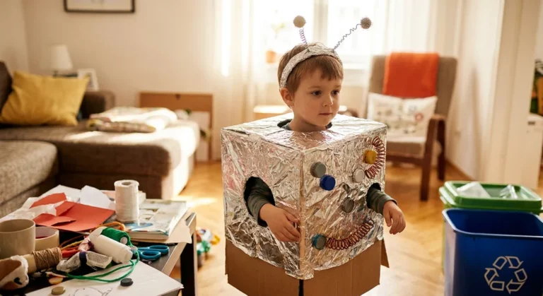 Chłopiec w stroju kosmity z kartonowego pudła owiniętego folią aluminiową, z antenkami na opasce do włosów.