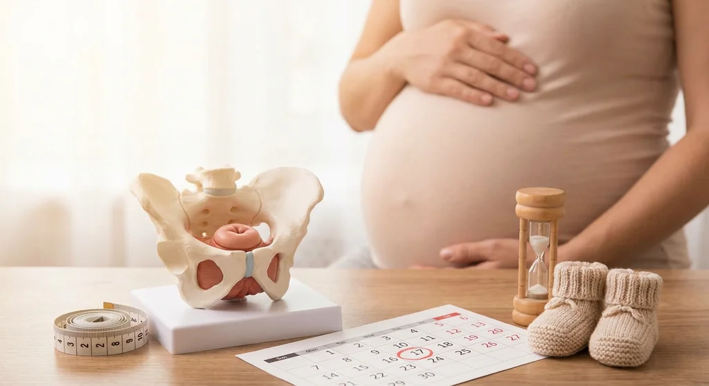 Model anatomiczny miednicy i szyjki macicy, kalendarz oraz dziecięce buciki na tle brzucha ciężarnej kobiety.