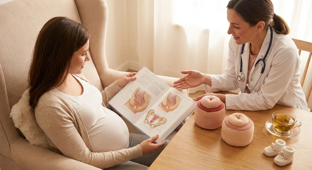 Lekarka wyjaśnia ciężarnej kobiecie budowę szyjki macicy, korzystając z atlasu anatomicznego i modeli na stole.