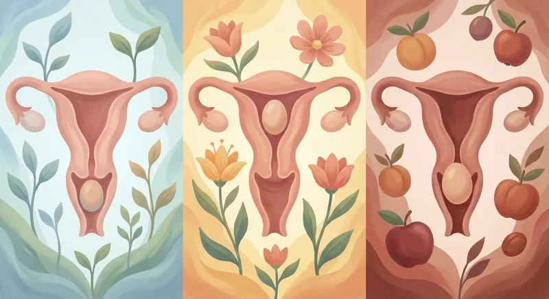 Trzy schematy anatomiczne macicy ilustrujące różne położenia szyjki macicy w otoczeniu liści, kwiatów i owoców.