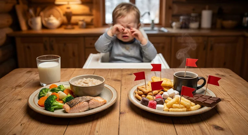 Płaczące dziecko i dwa posiłki: zdrowa kolacja kontra pobudzające przekąski z czerwonymi flagami ostrzegawczymi.