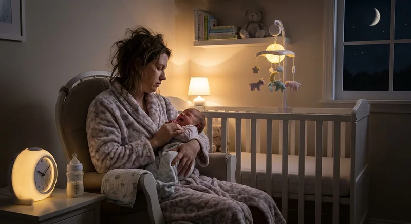 Zmęczona mama tuli płaczące niemowlę w nocy, obok łóżeczka i butelki z mlekiem.