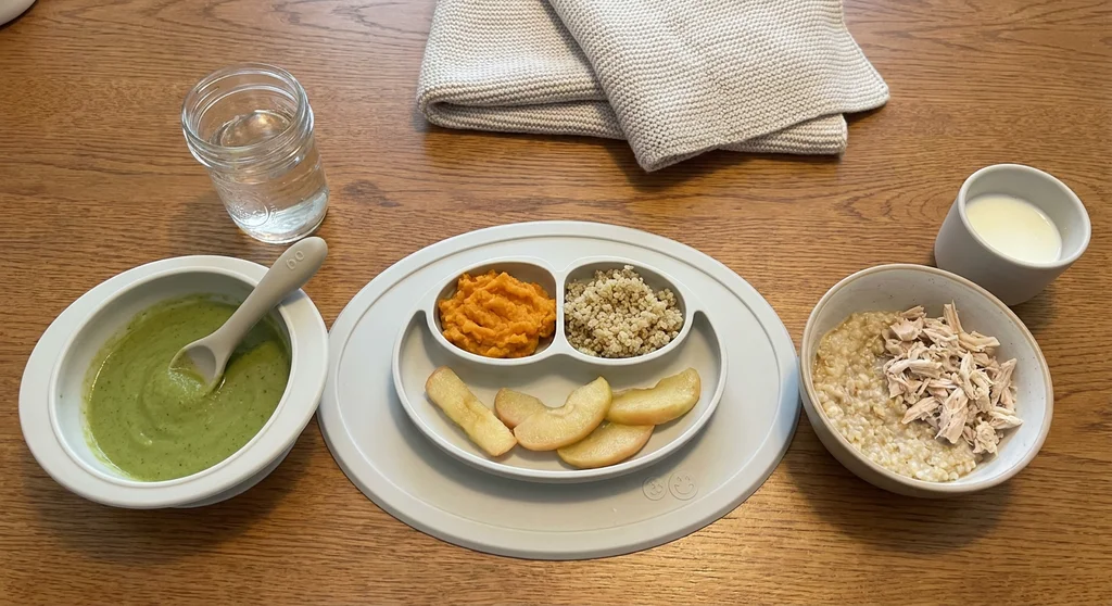 Zestaw dań dla niemowlaka: zielone i pomarańczowe purée, kawałki jabłka, komosa ryżowa oraz kaszka z kurczakiem.