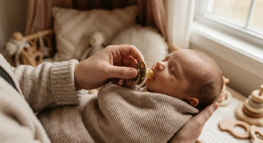 Dłoń dorosłego delikatnie przystawia smoczek do ust owiniętego w kocyk niemowlęcia.