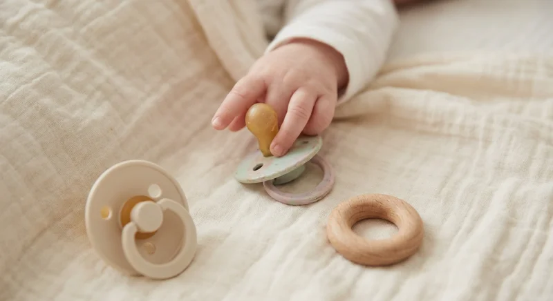 Niemowlęca rączka dotykająca smoczka na muślinowym kocyku obok drugiego smoczka i drewnianego kółka.